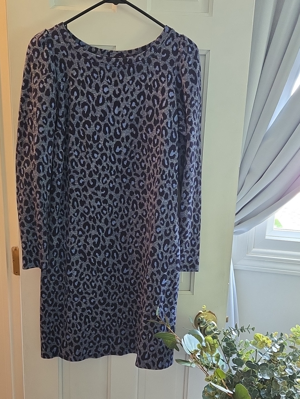 Talbots Navy and Lavender Leopard-Print Long-Sleeve Shift Dress